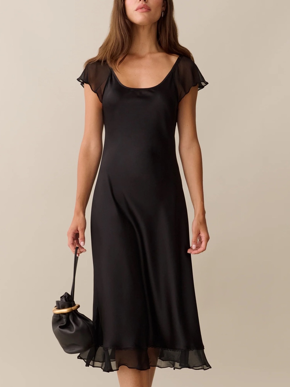 NWT Few Moda Solene Ruffle Sheer Short Sleeve Midi Maxi Dress Black Sorella